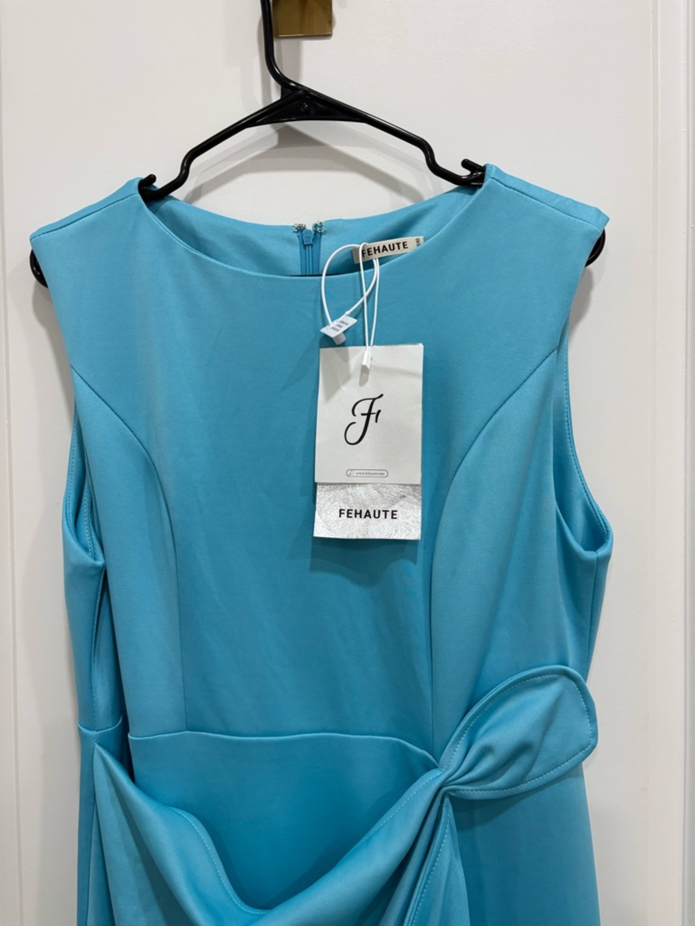 Fehaute Turquoise Midi Dress with Waist Bow high low hemline.